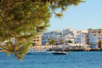 Ibiza Villas 2000 - View of Es Caná village from the water, with boats and pine trees in the foreground